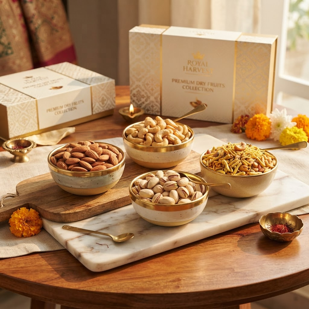 Premium dry fruits and traditional Indian snacks beautifully arranged